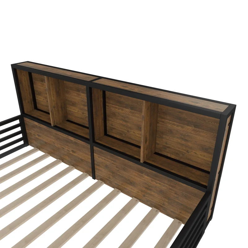 Letto per bambini 140x200 cm con rete a doghe; sponda apribile e LED; metallo e MDF nero