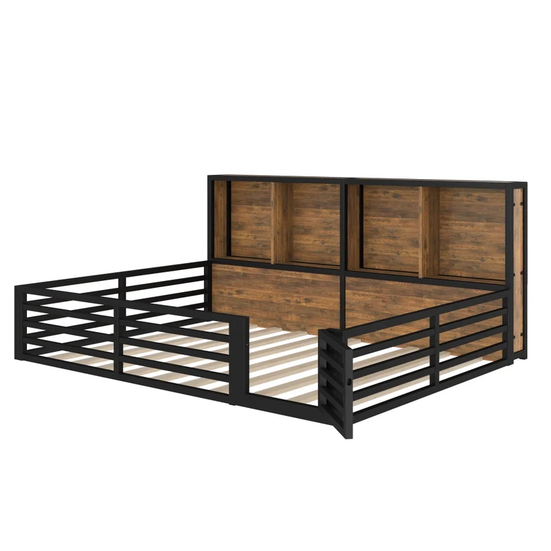 Letto per bambini 140x200 cm con rete a doghe; sponda apribile e LED; metallo e MDF nero
