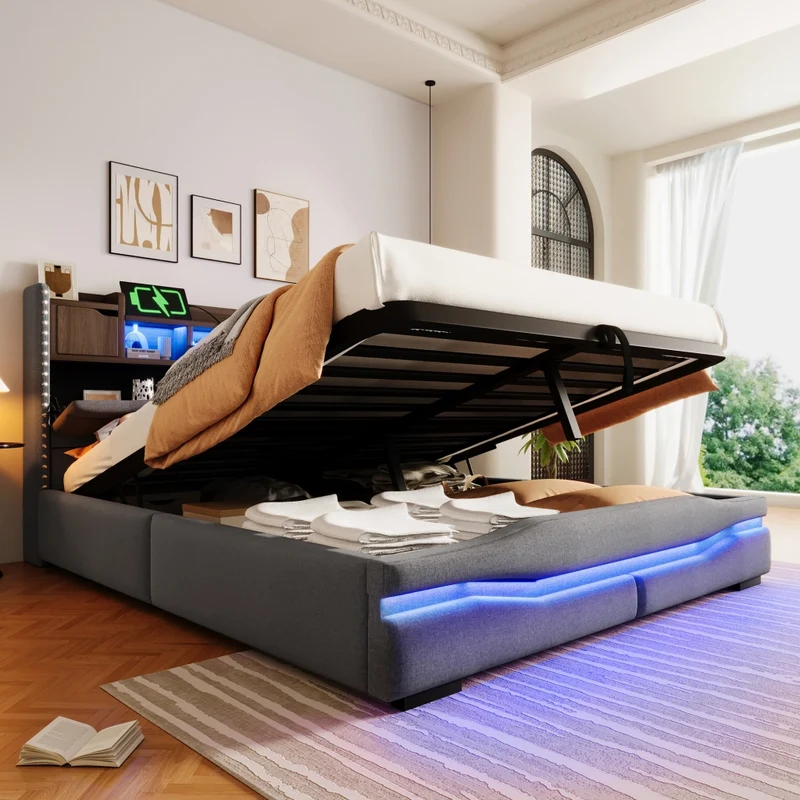 Letto contenitore 160x200 imbottito grigio con luci LED e testiera con vani
