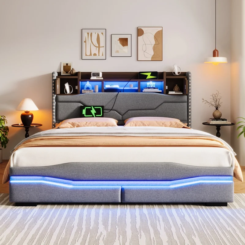 Letto contenitore 160x200 imbottito grigio con luci LED e testiera con vani