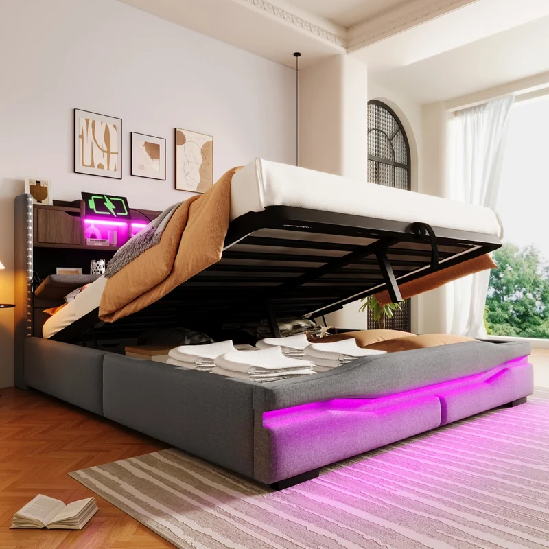Letto contenitore 160x200 imbottito grigio con luci LED e testiera con vani