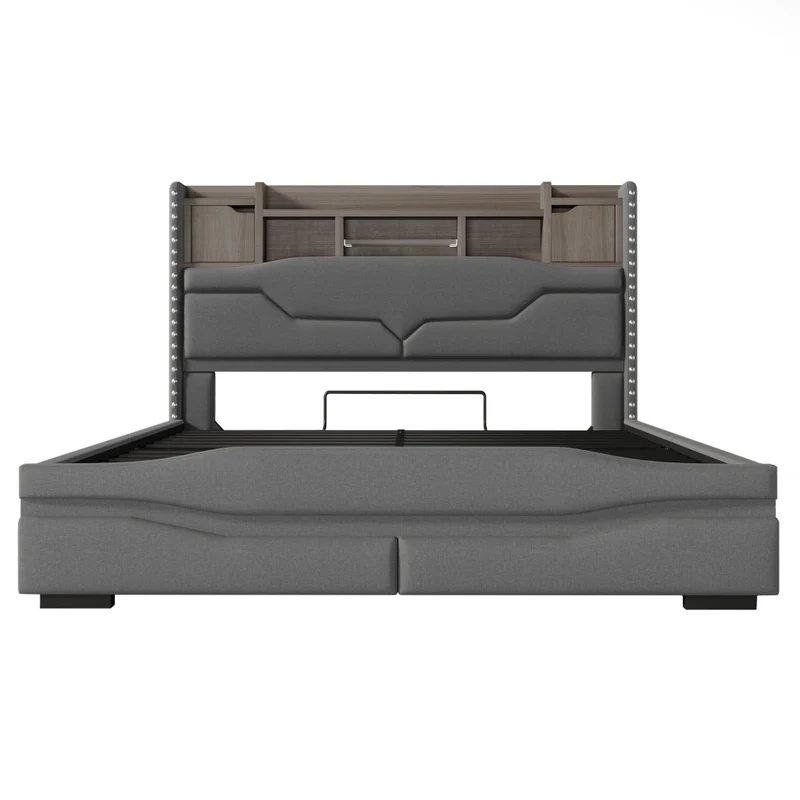 Letto contenitore 160x200 imbottito grigio con luci LED e testiera con vani