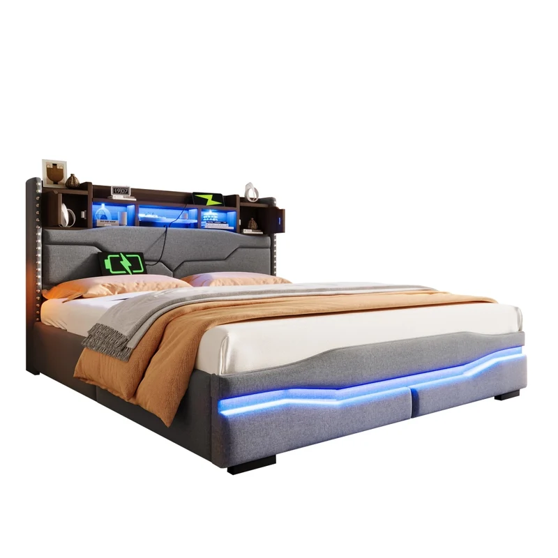 Letto contenitore 160x200 imbottito grigio con luci LED e testiera con vani