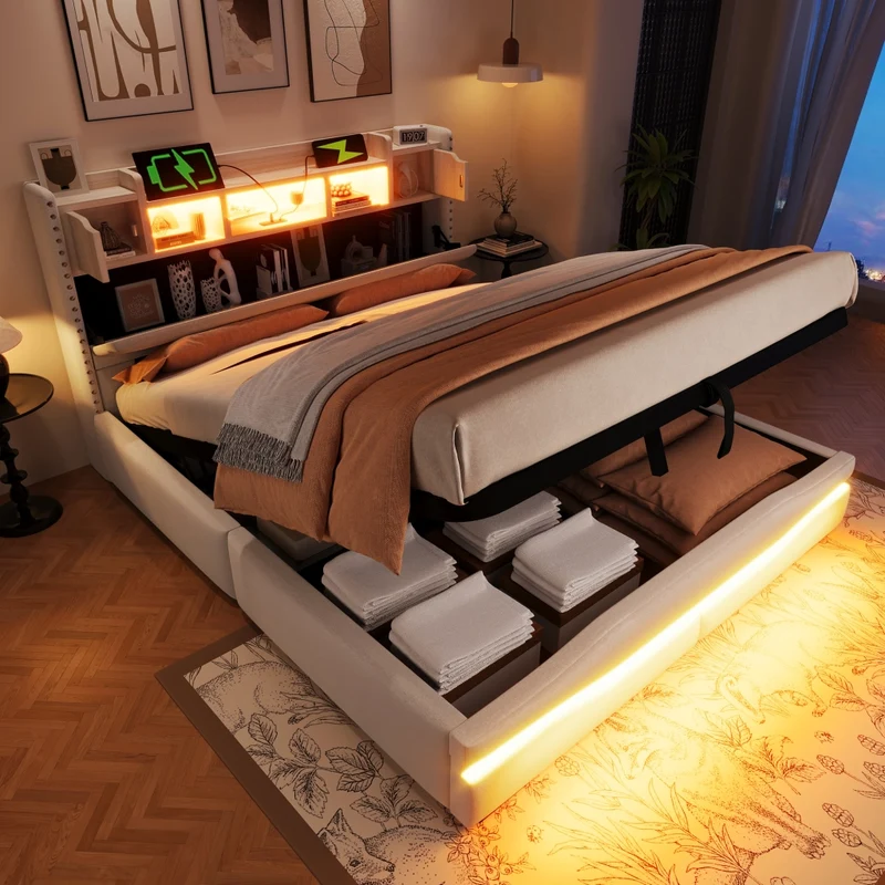 Letto imbottito beige 160x200 con contenitore idraulico e luci LED