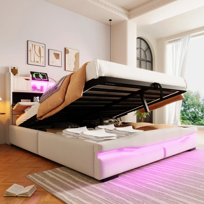 Letto imbottito beige 160x200 con contenitore idraulico e luci LED