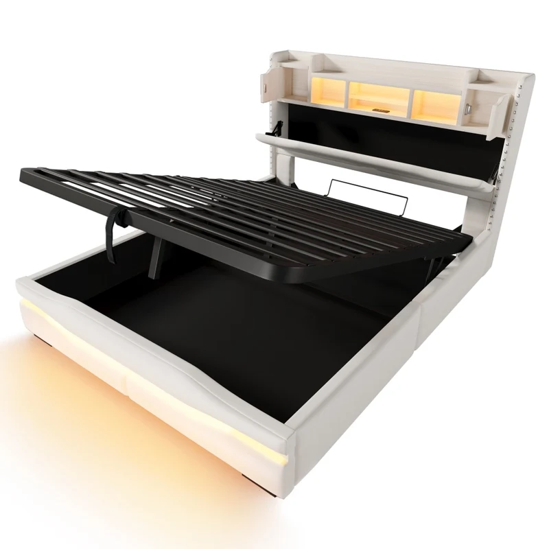 Letto imbottito beige 160x200 con contenitore idraulico e luci LED
