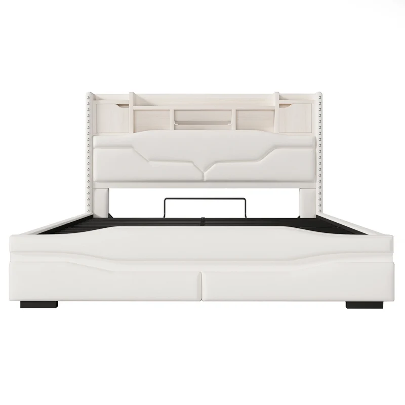 Letto imbottito beige 160x200 con contenitore idraulico e luci LED