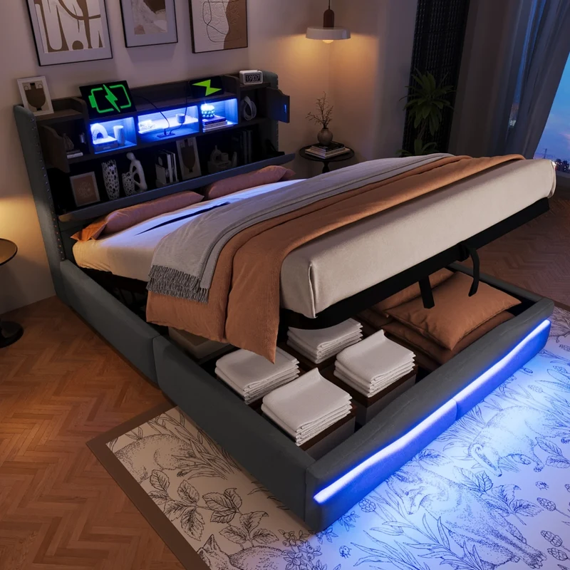 Letto contenitore 140x200 cm imbottito in lino grigio con luci LED e vano testiera