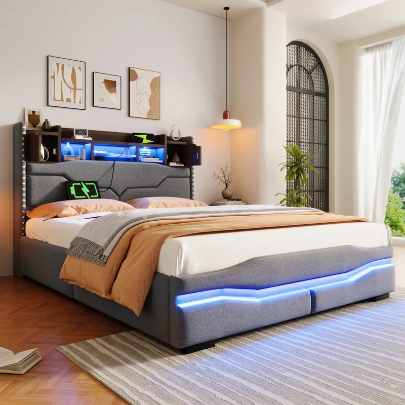 Letto contenitore 140x200 cm imbottito in lino grigio con luci LED e vano testiera