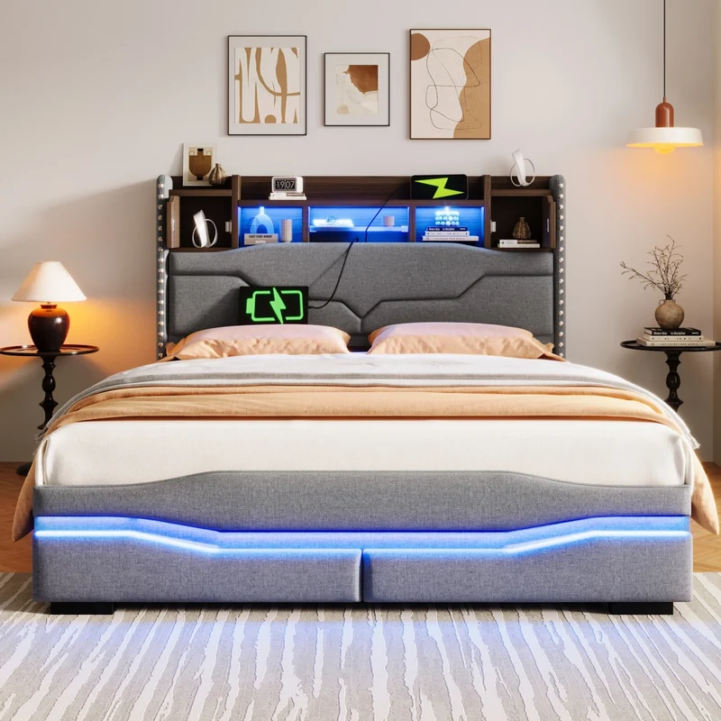 Letto contenitore 140x200 cm imbottito in lino grigio con luci LED e vano testiera