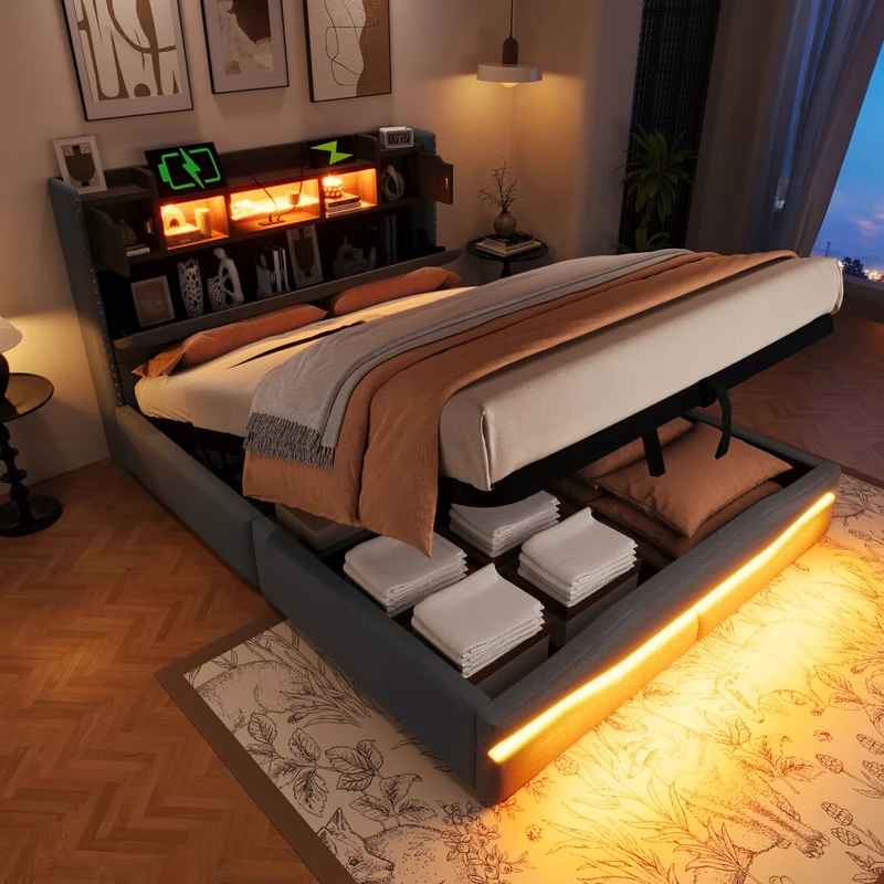 Letto contenitore 140x200 cm imbottito in lino grigio con luci LED e vano testiera