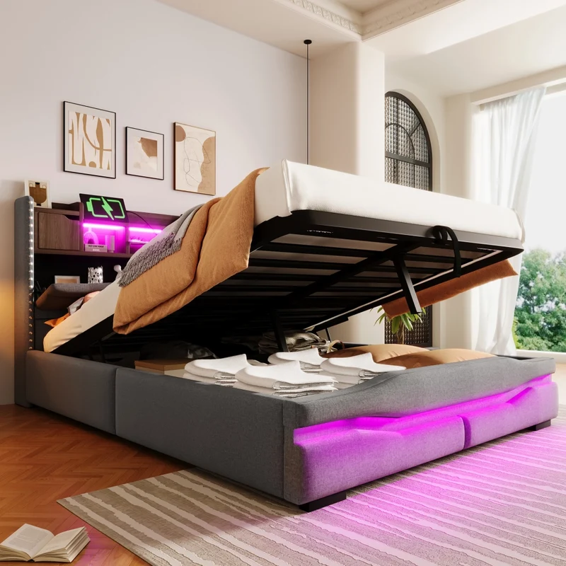 Letto contenitore 140x200 cm imbottito in lino grigio con luci LED e vano testiera