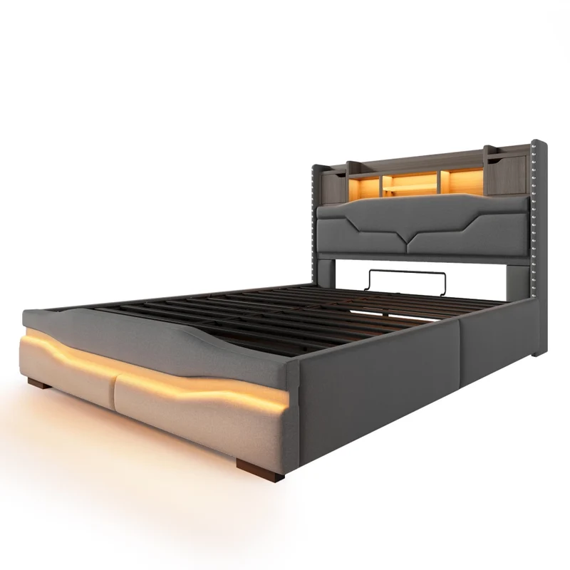 Letto contenitore 140x200 cm imbottito in lino grigio con luci LED e vano testiera