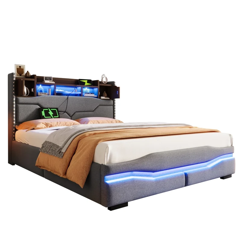 Letto contenitore 140x200 cm imbottito in lino grigio con luci LED e vano testiera
