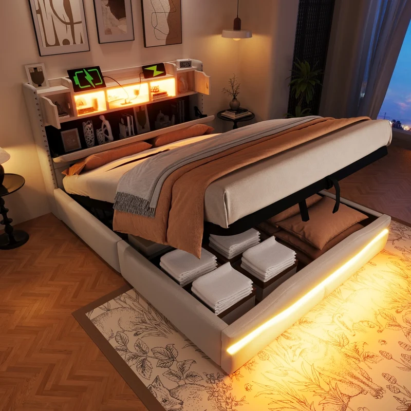 Letto imbottito 140x200 cm beige con contenitore idraulico; luci LED e testiera con prese USB