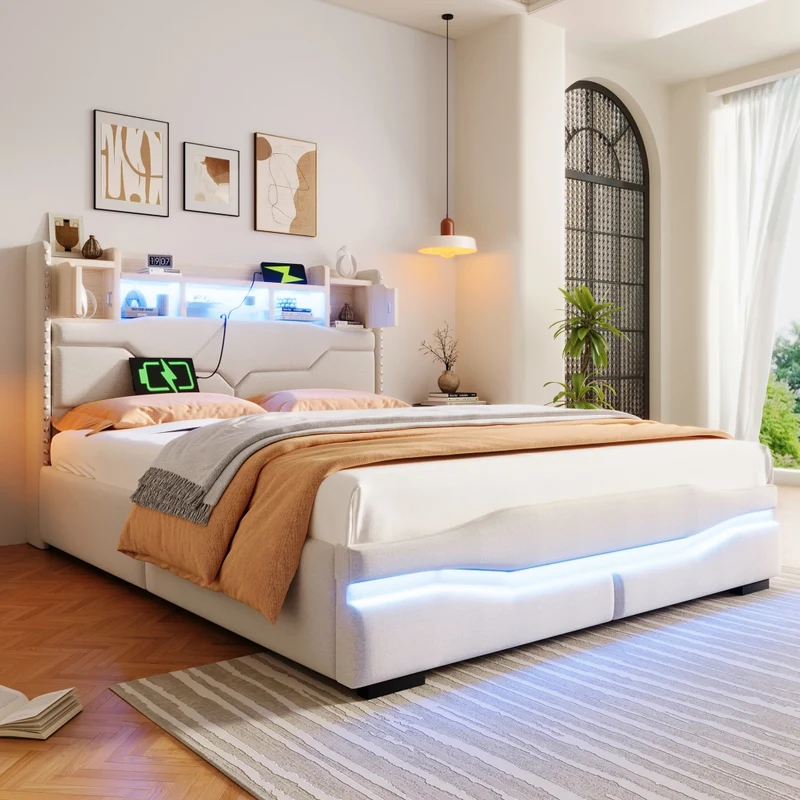 Letto imbottito 140x200 cm beige con contenitore idraulico; luci LED e testiera con prese USB