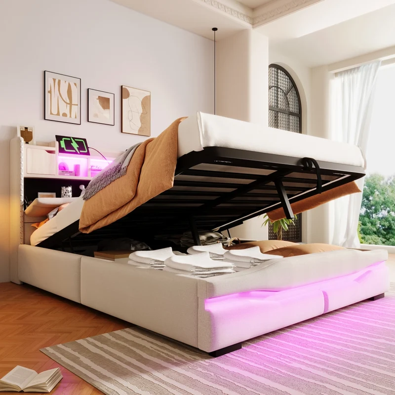 Letto imbottito 140x200 cm beige con contenitore idraulico; luci LED e testiera con prese USB