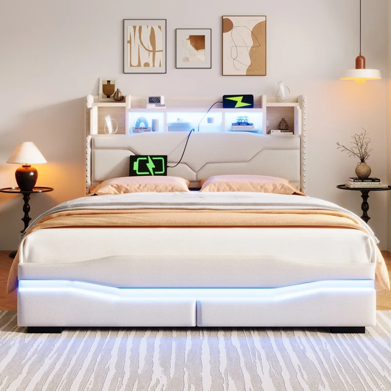 Letto imbottito 140x200 cm beige con contenitore idraulico; luci LED e testiera con prese USB
