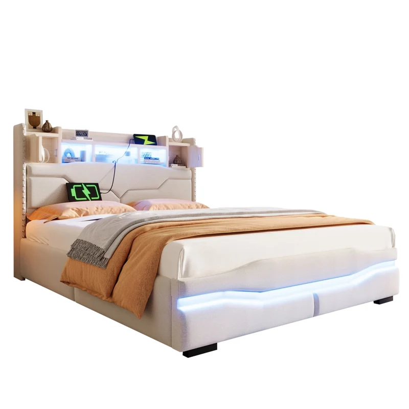 Letto imbottito 140x200 cm beige con contenitore idraulico; luci LED e testiera con prese USB