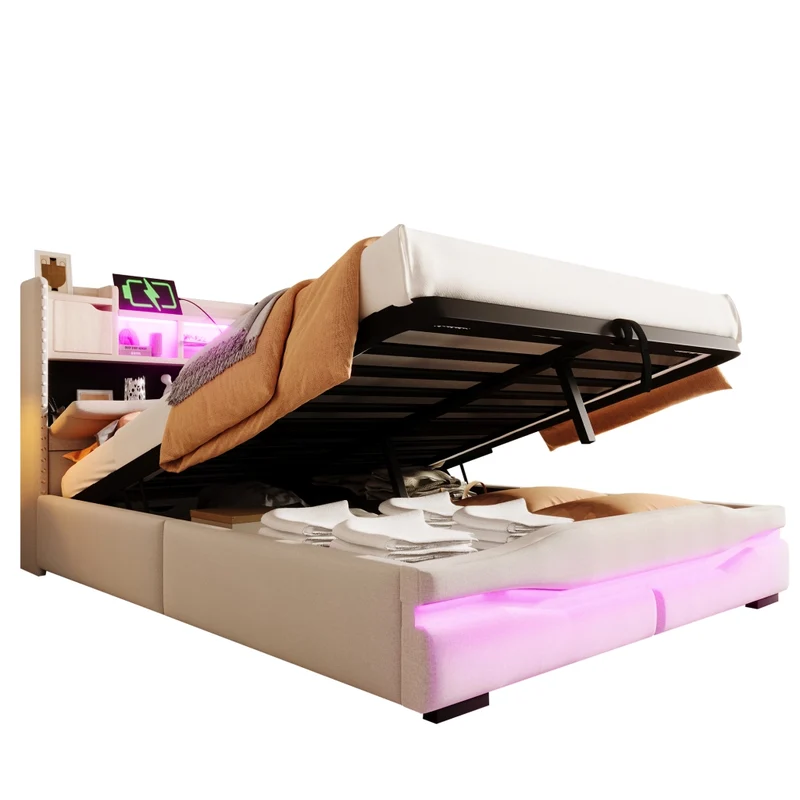 Letto imbottito 140x200 cm beige con contenitore idraulico; luci LED e testiera con prese USB