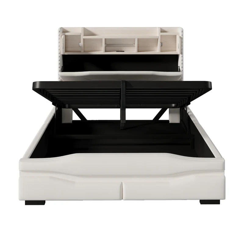 Letto imbottito 140x200 cm beige con contenitore idraulico; luci LED e testiera con prese USB