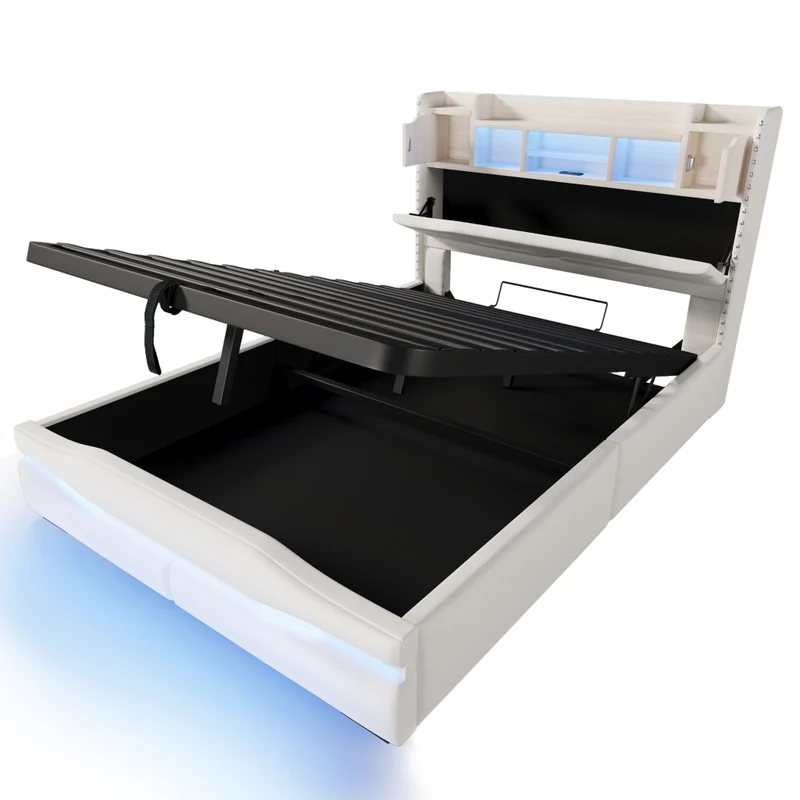 Letto imbottito 140x200 cm beige con contenitore idraulico; luci LED e testiera con prese USB