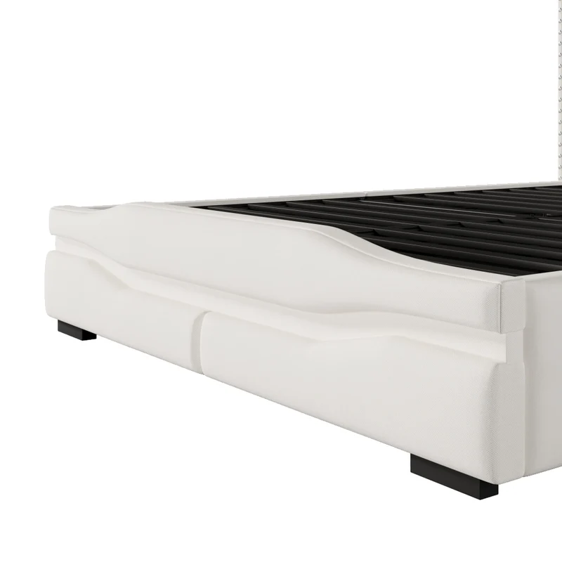 Letto imbottito 140x200 cm beige con contenitore idraulico; luci LED e testiera con prese USB