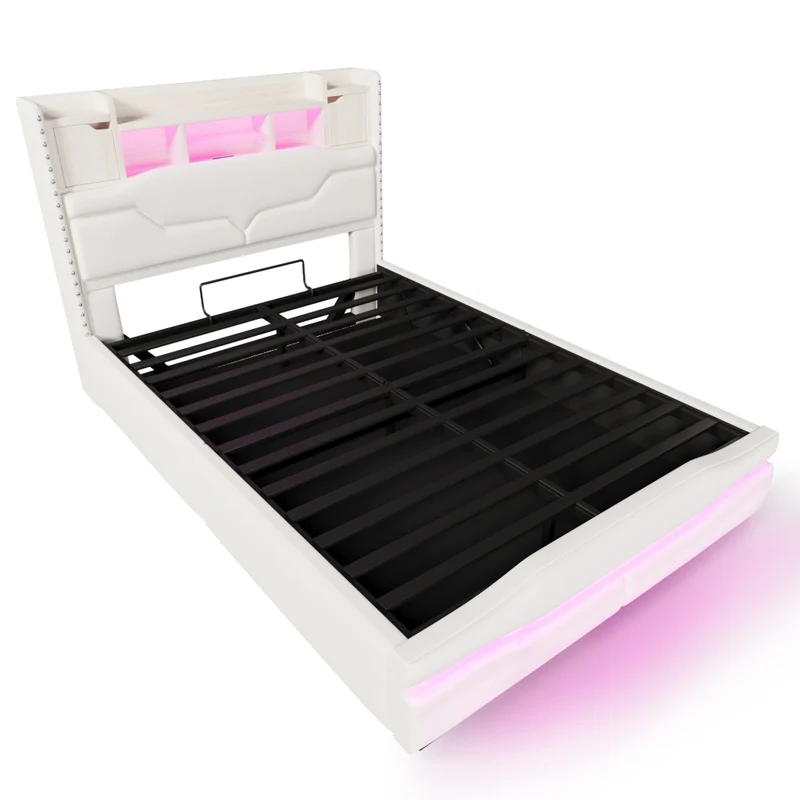 Letto imbottito 140x200 cm beige con contenitore idraulico; luci LED e testiera con prese USB