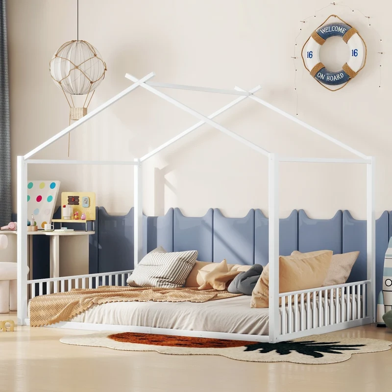Letto per bambini 140x200 cm a forma di casetta in metallo bianco per cameretta