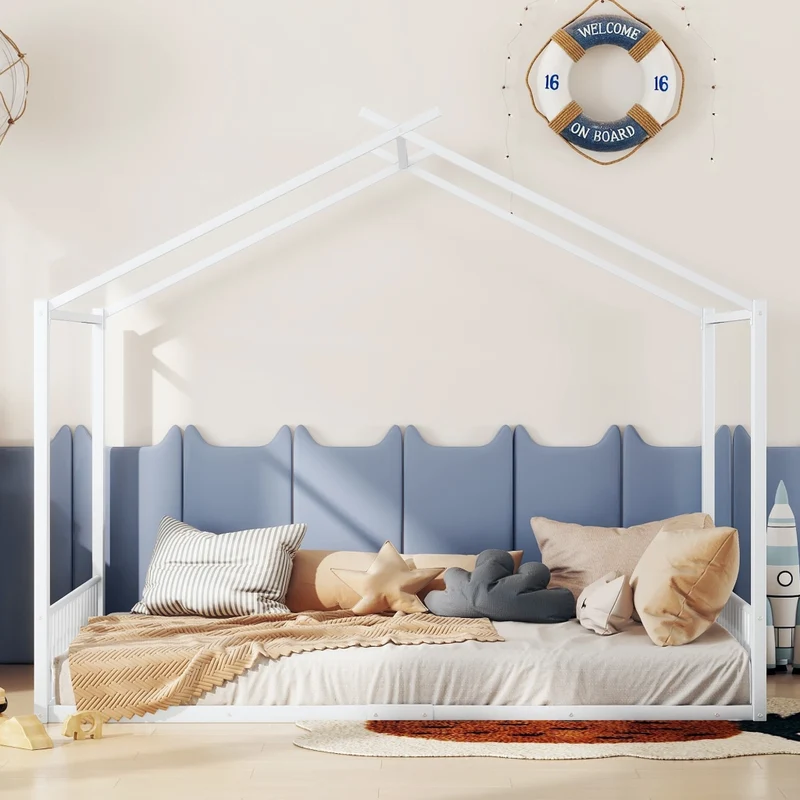 Letto per bambini 140x200 cm a forma di casetta in metallo bianco per cameretta