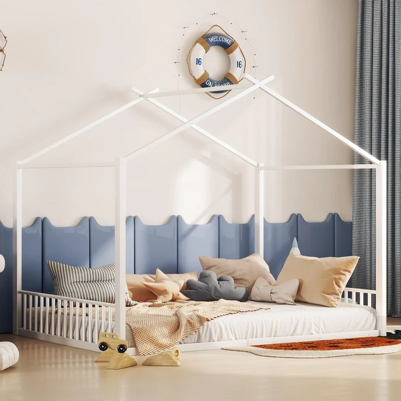 Letto per bambini 140x200 cm a forma di casetta in metallo bianco per cameretta