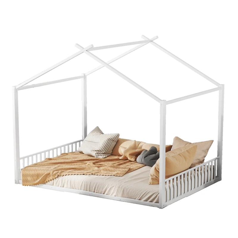 Letto per bambini 140x200 cm a forma di casetta in metallo bianco per cameretta