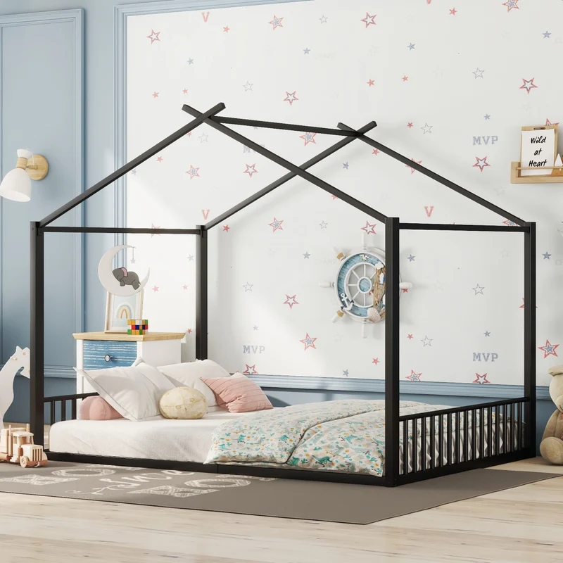 Letto per bambini 140x200 cm a forma di casetta; struttura in metallo nera