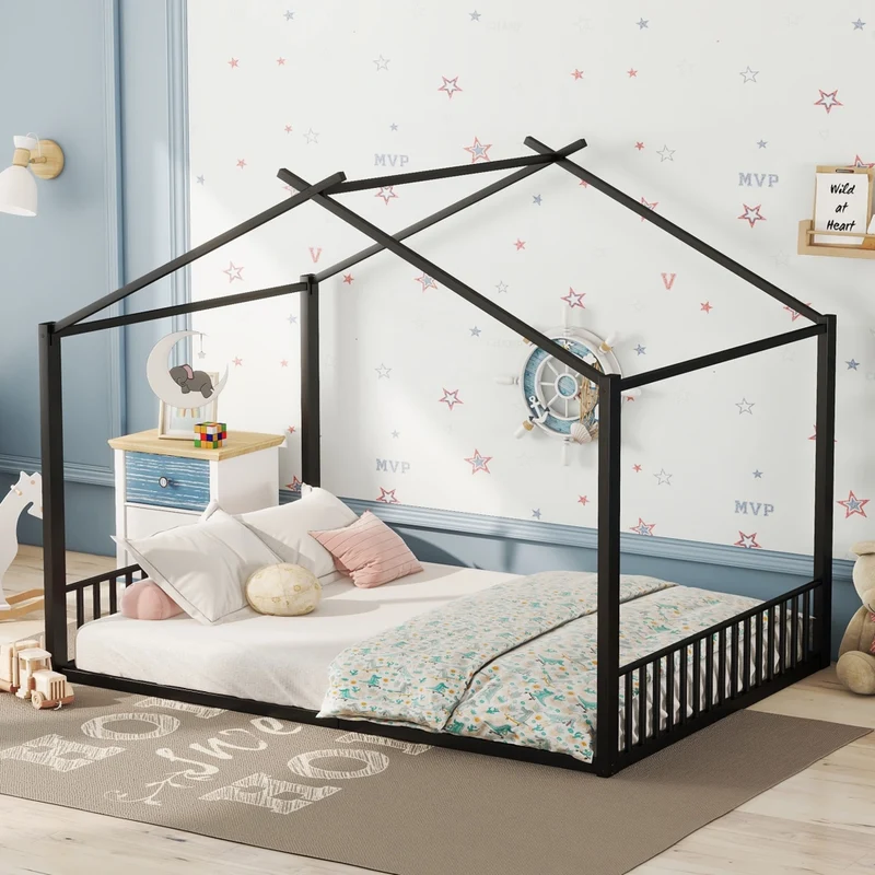 Letto per bambini 140x200 cm a forma di casetta; struttura in metallo nera