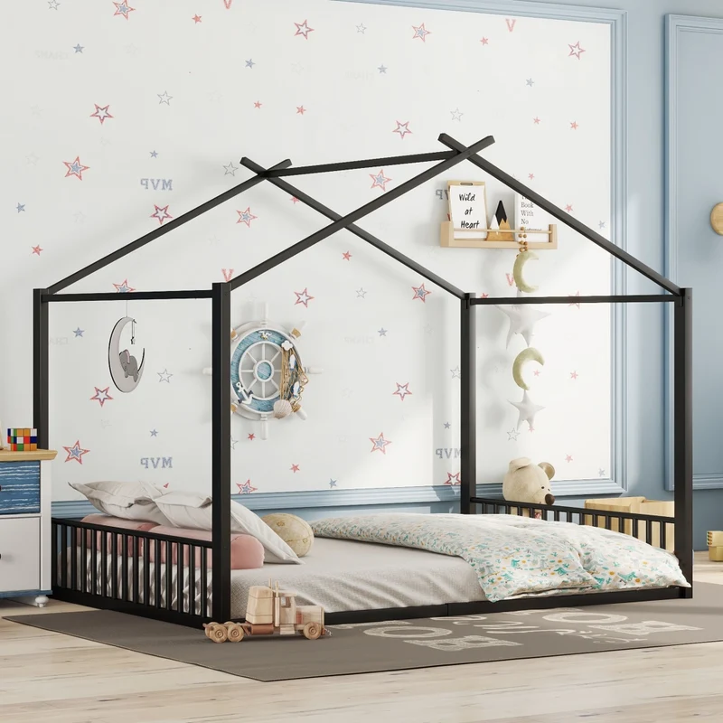 Letto per bambini 140x200 cm a forma di casetta; struttura in metallo nera