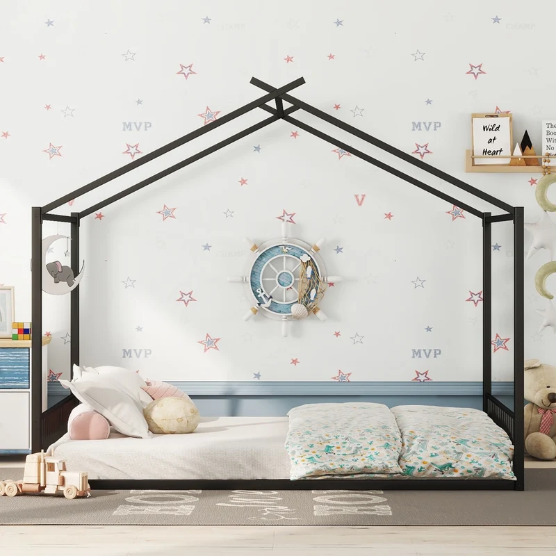 Letto per bambini 140x200 cm a forma di casetta; struttura in metallo nera