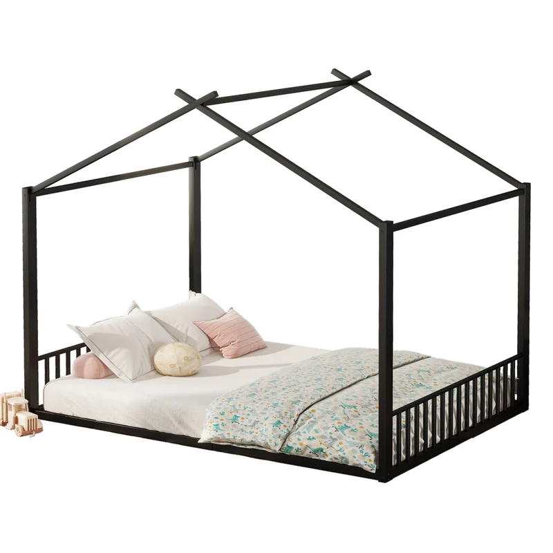 Letto per bambini 140x200 cm a forma di casetta; struttura in metallo nera