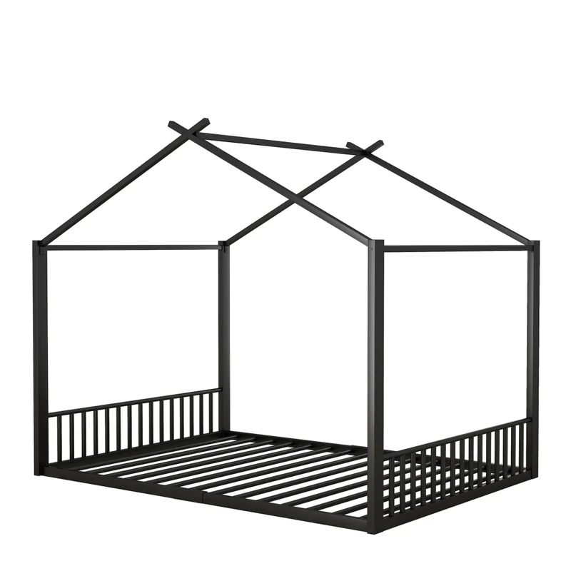 Letto per bambini 140x200 cm a forma di casetta; struttura in metallo nera