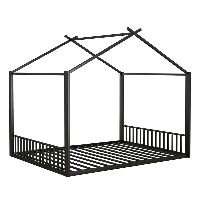 Letto per bambini 140x200 cm a forma di casetta; struttura in metallo nera