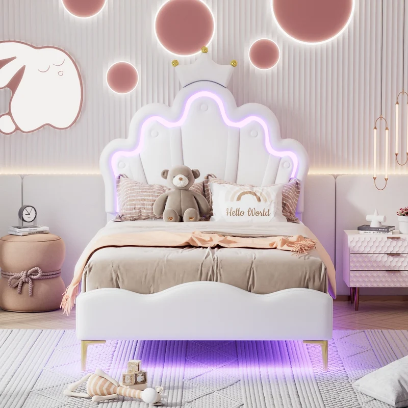 Letto singolo 90x200 cm bianco con testiera a corona; imbottito in ecopelle e luci LED