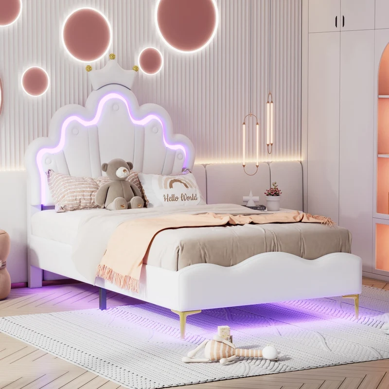 Letto singolo 90x200 cm bianco con testiera a corona; imbottito in ecopelle e luci LED