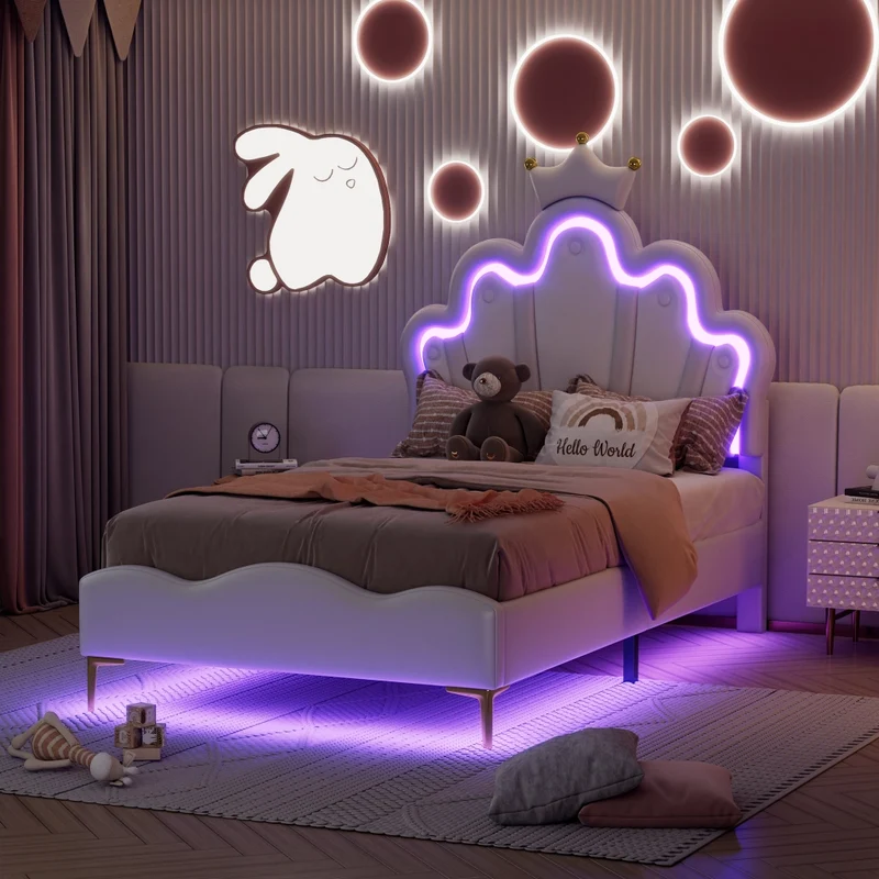 Letto singolo 90x200 cm bianco con testiera a corona; imbottito in ecopelle e luci LED