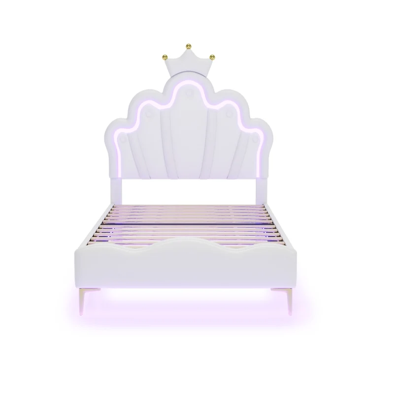 Letto singolo 90x200 cm bianco con testiera a corona; imbottito in ecopelle e luci LED