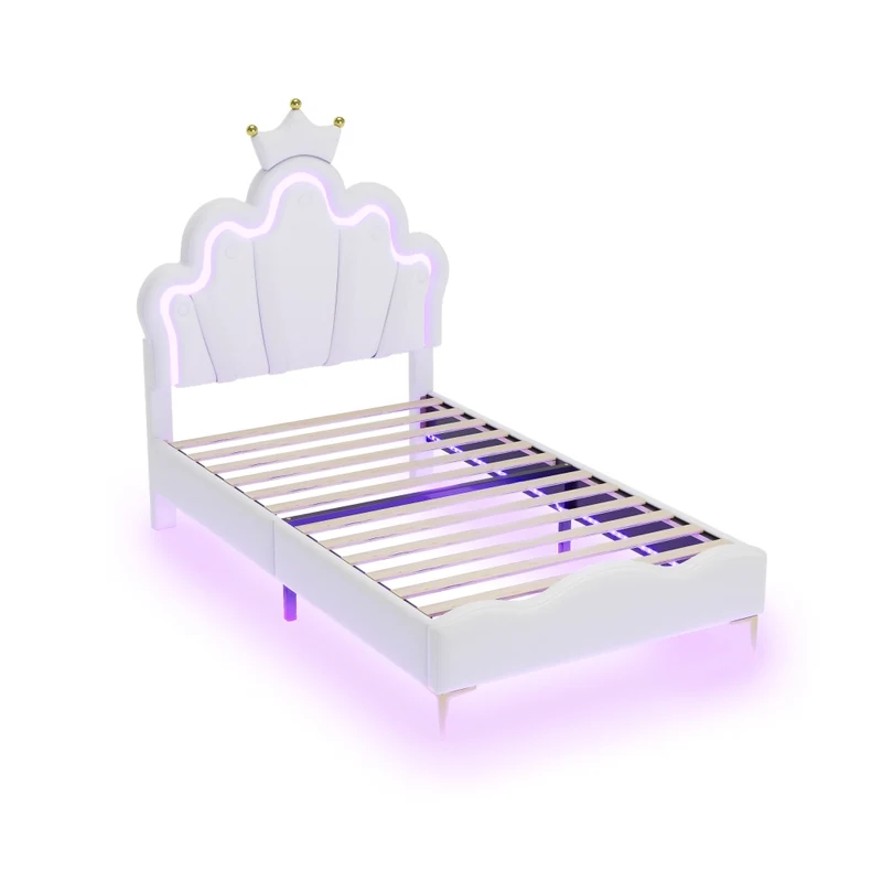 Letto singolo 90x200 cm bianco con testiera a corona; imbottito in ecopelle e luci LED