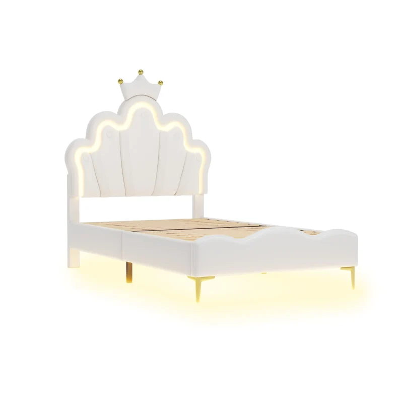 Letto singolo 90x200 cm bianco con testiera a corona; imbottito in ecopelle e luci LED