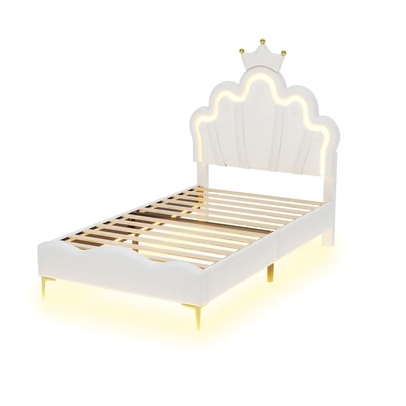 Letto singolo 90x200 cm bianco con testiera a corona; imbottito in ecopelle e luci LED