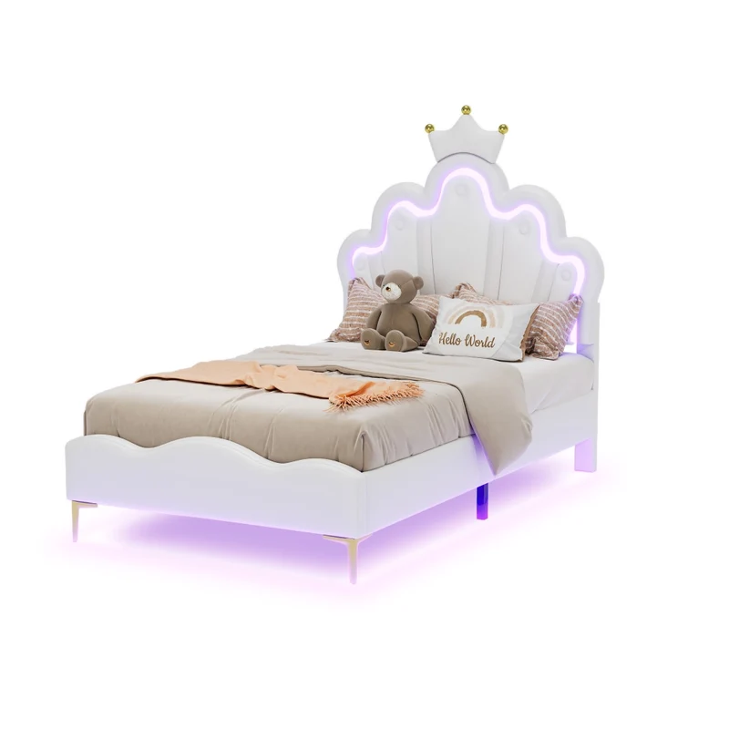 Letto singolo 90x200 cm bianco con testiera a corona; imbottito in ecopelle e luci LED