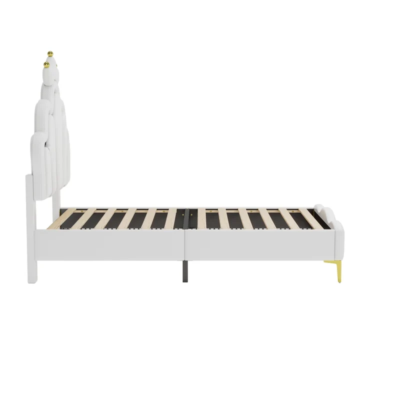 Letto singolo 90x200 cm bianco con testiera a corona; imbottito in ecopelle e luci LED