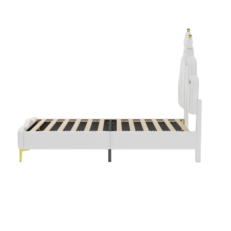 Letto singolo 90x200 cm bianco con testiera a corona; imbottito in ecopelle e luci LED