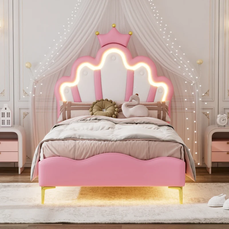 Letto principessa rosa 90x200 cm con testiera a corona; imbottitura in ecopelle PU e luci LED